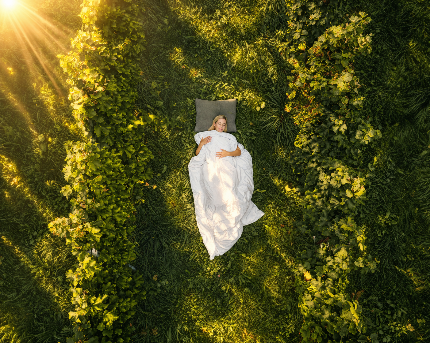 A woman sleeps wrapped in a blanket amidst the vineyards